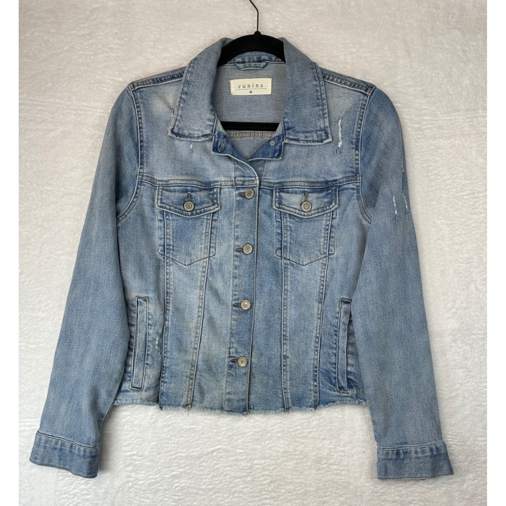 Eunina Denim Jacket Women Medium Light Blue Distressed Raw Hem Trucker